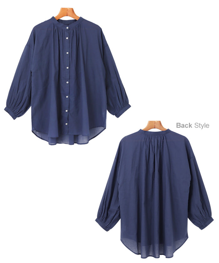 アンドミー andme 薄手コットン長袖バンドカラーシャツブラウス トップス