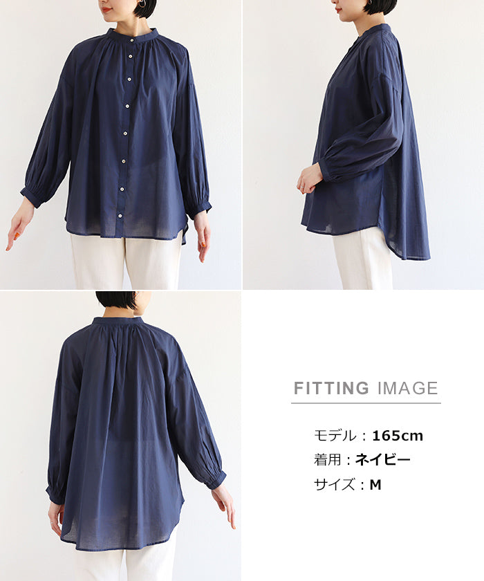 アンドミー andme 薄手コットン長袖バンドカラーシャツブラウス トップス