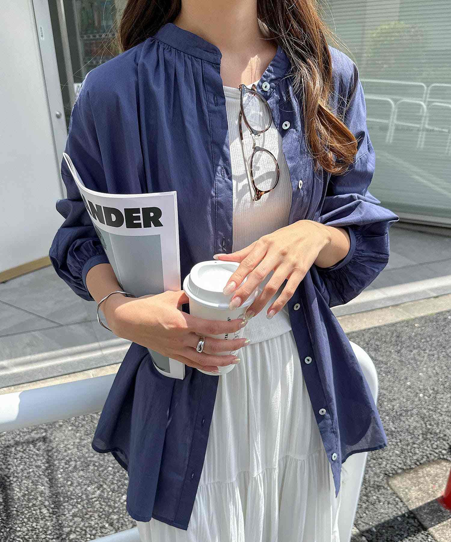 アンドミー andme 薄手コットン長袖バンドカラーシャツブラウス トップス