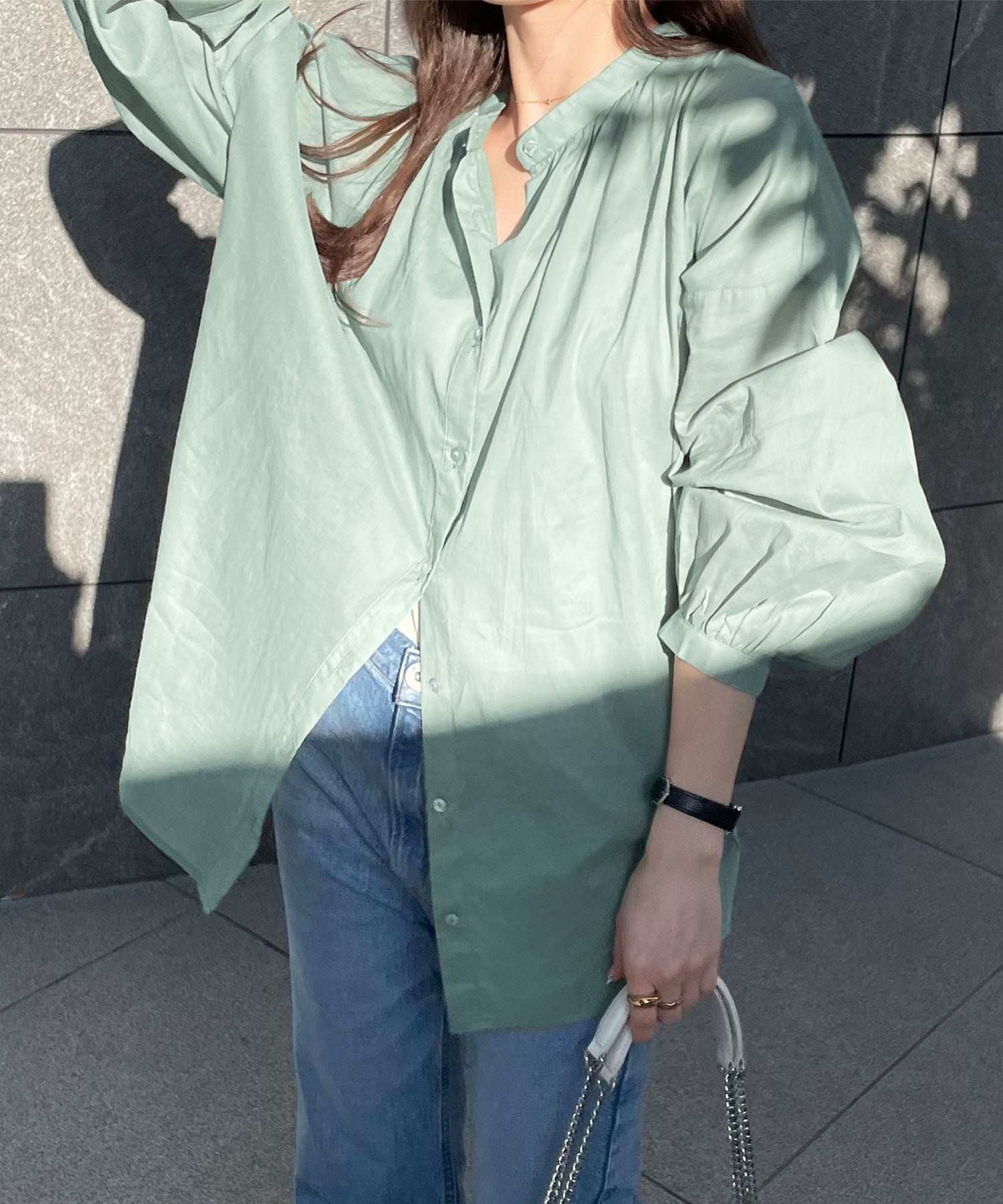 アンドミー andme 薄手コットン長袖バンドカラーシャツブラウス トップス