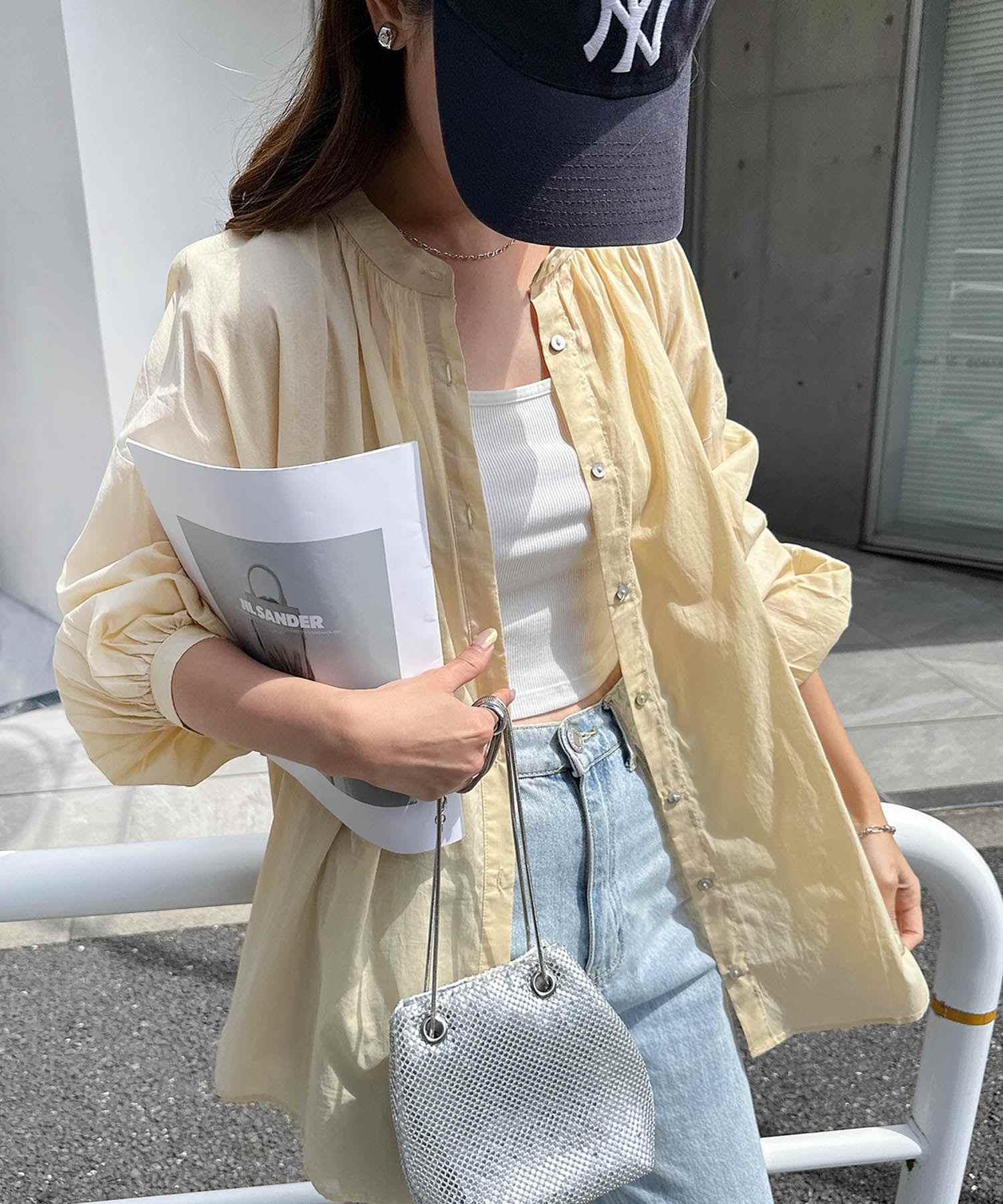 アンドミー andme 薄手コットン長袖バンドカラーシャツブラウス トップス