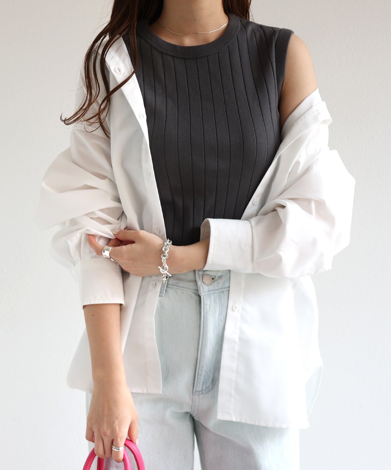 アンドミー andme コットンフライスワイドリブノースリーブトップス タンクトップ,チャコールグレー