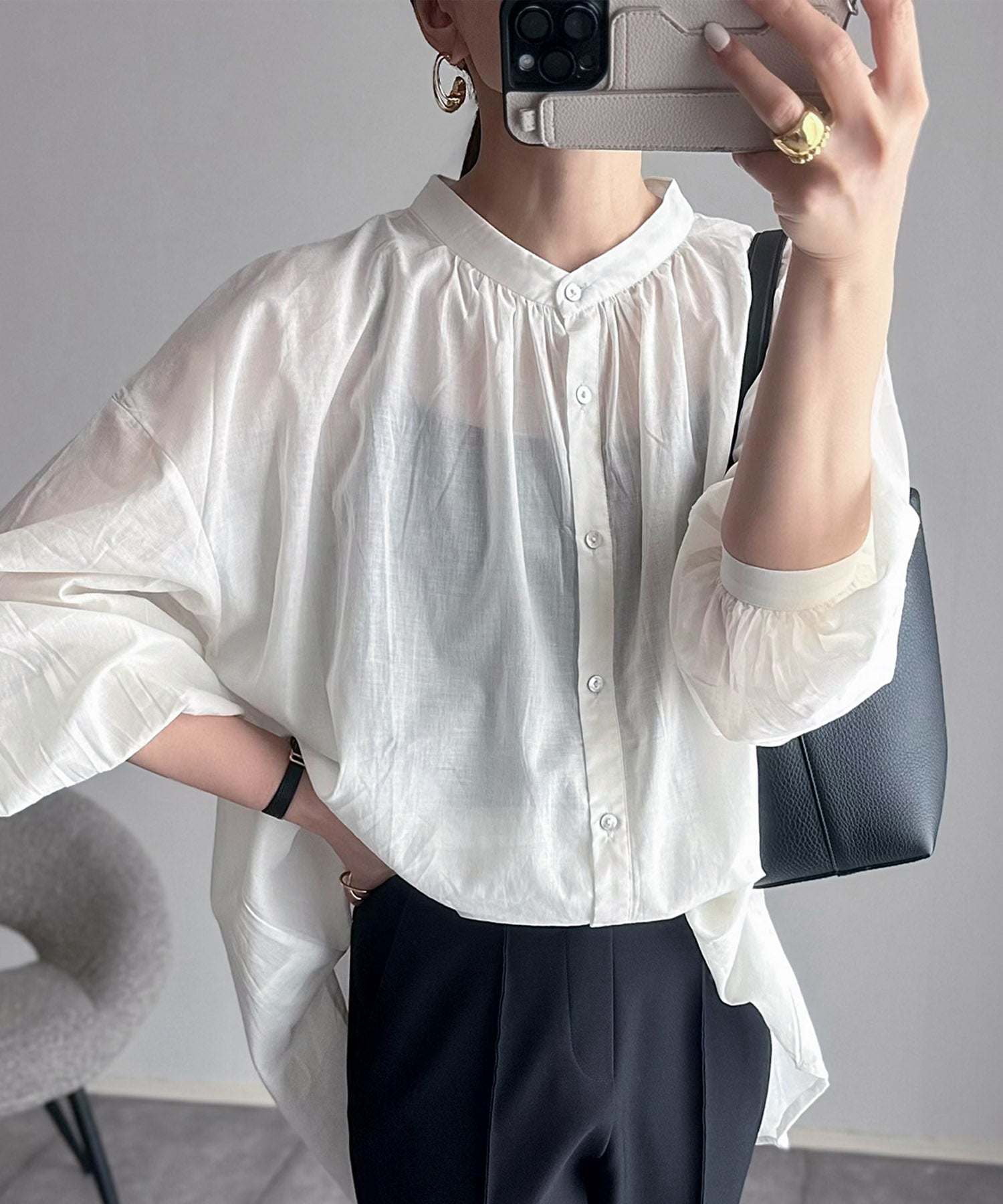 アンドミー andme 薄手コットン長袖バンドカラーシャツブラウス トップス