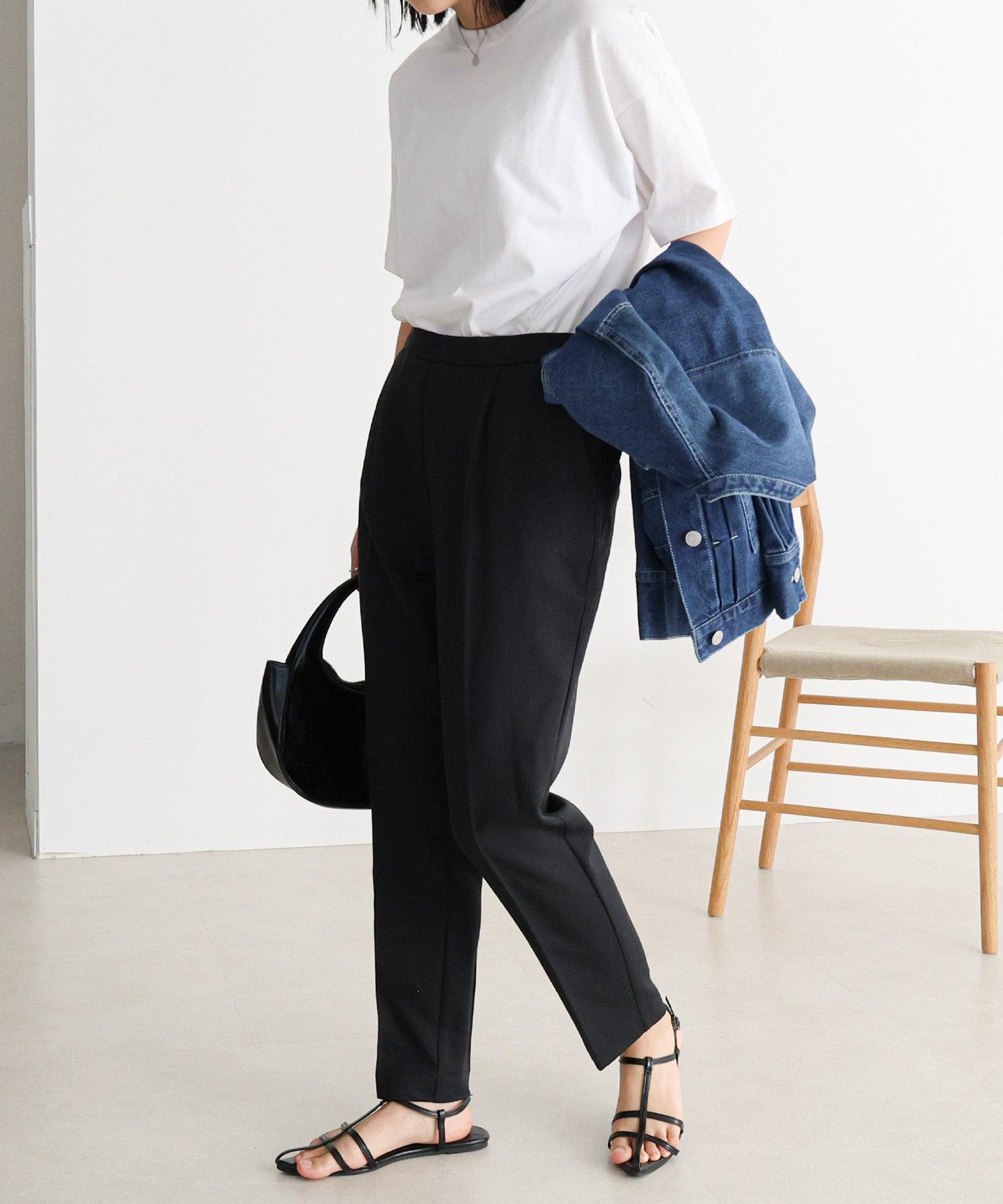 アンドミー andme きれいめツイル美脚ハイウエストセンタープレステーパードパンツ ウエストゴム