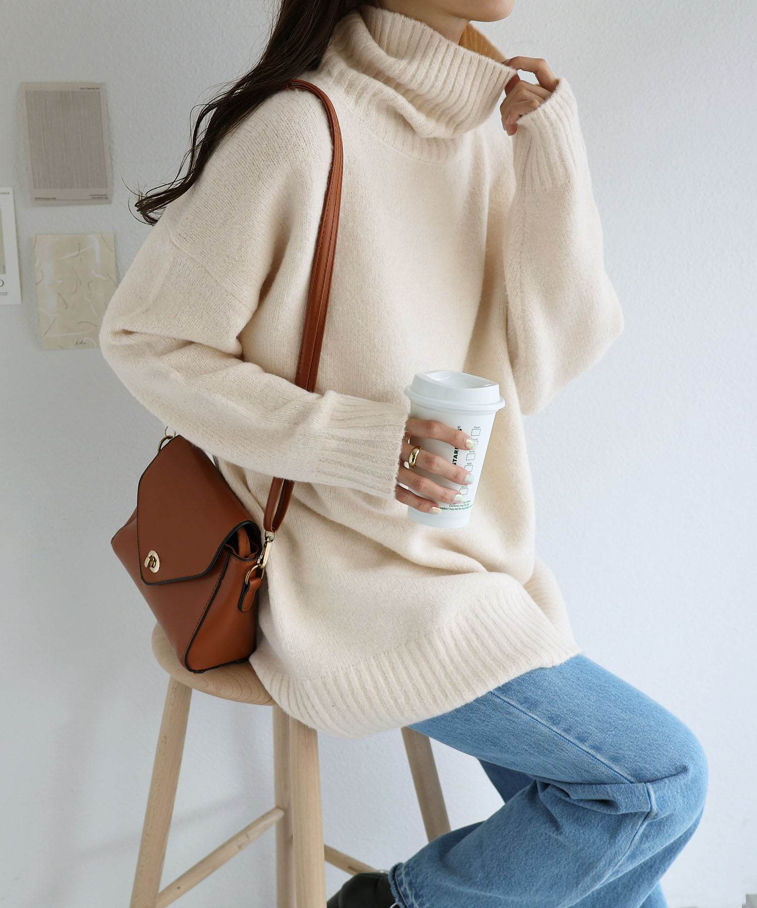 アンドミー andme 天竺編み長袖オーバーサイズタートルネックニットトップス セーター (オフホワイト) オフホワイト