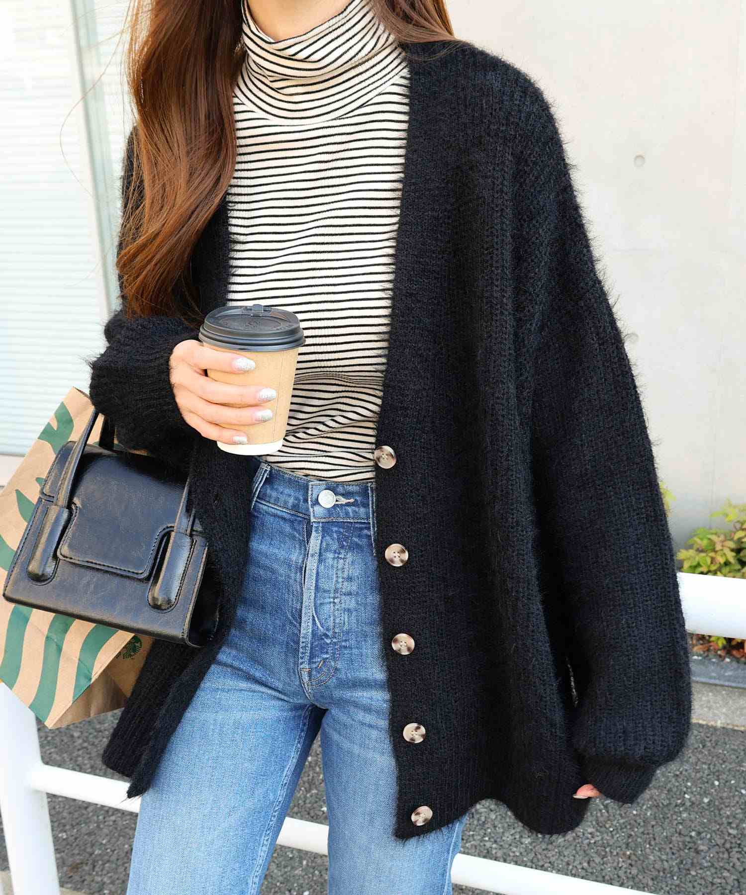 アンドミー andme フェザーヤーン片畦編み長袖ニットカーディガン トップス