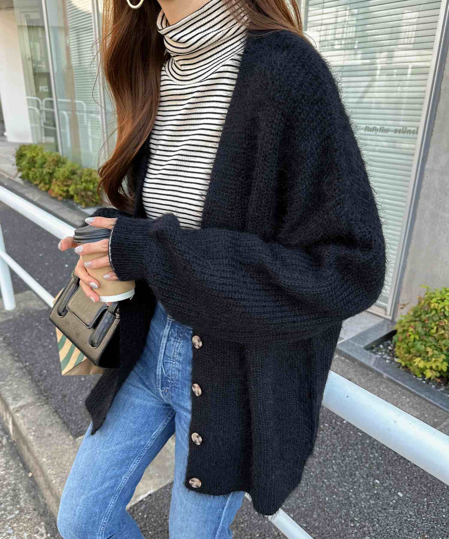 アンドミー andme フェザーヤーン片畦編み長袖ニットカーディガン トップス