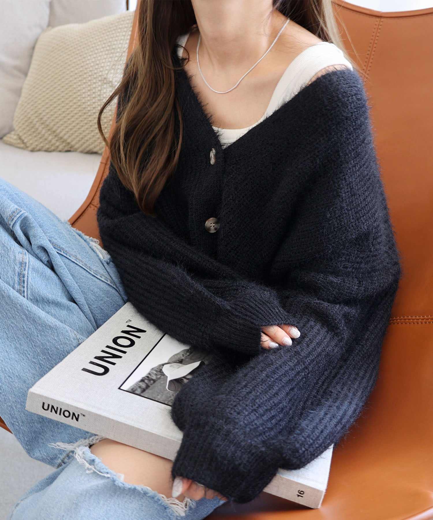 アンドミー andme フェザーヤーン片畦編み長袖ニットカーディガン トップス