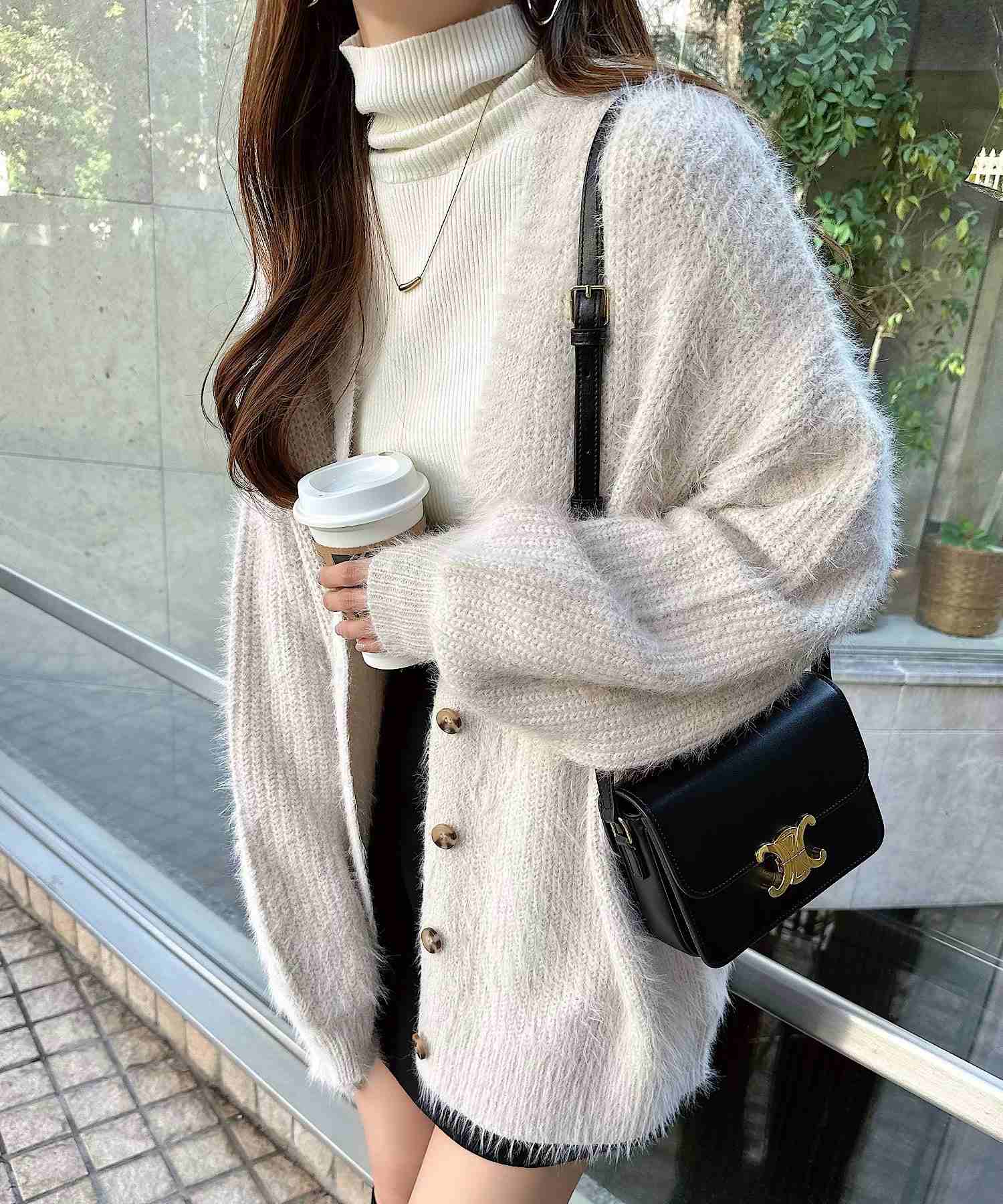 アンドミー andme フェザーヤーン片畦編み長袖ニットカーディガン トップス