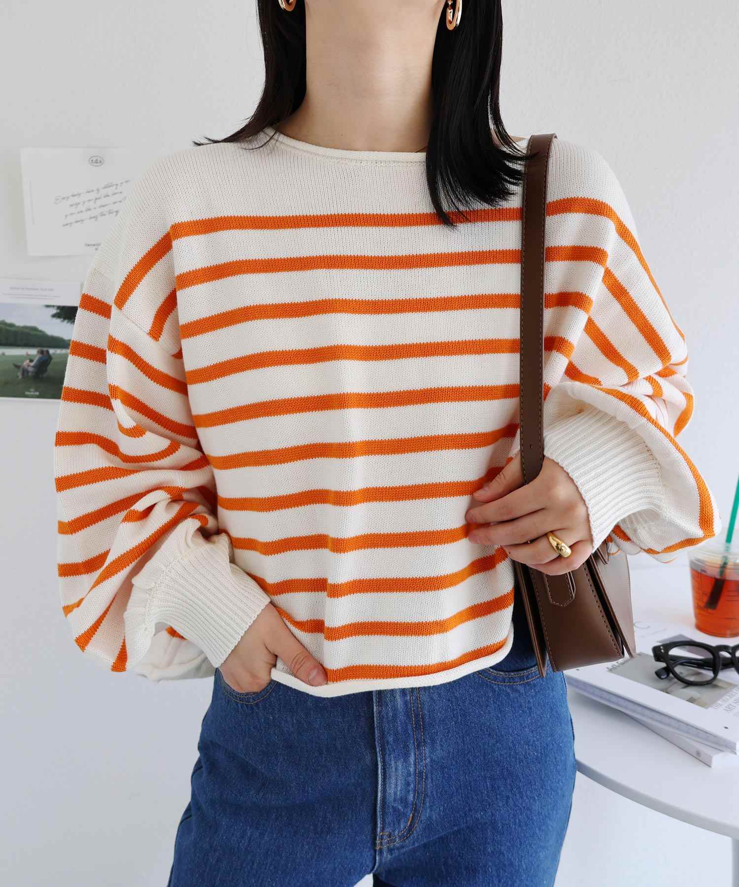 andme Acrylic cotton long sleeve 7G jersey knit striped knit top