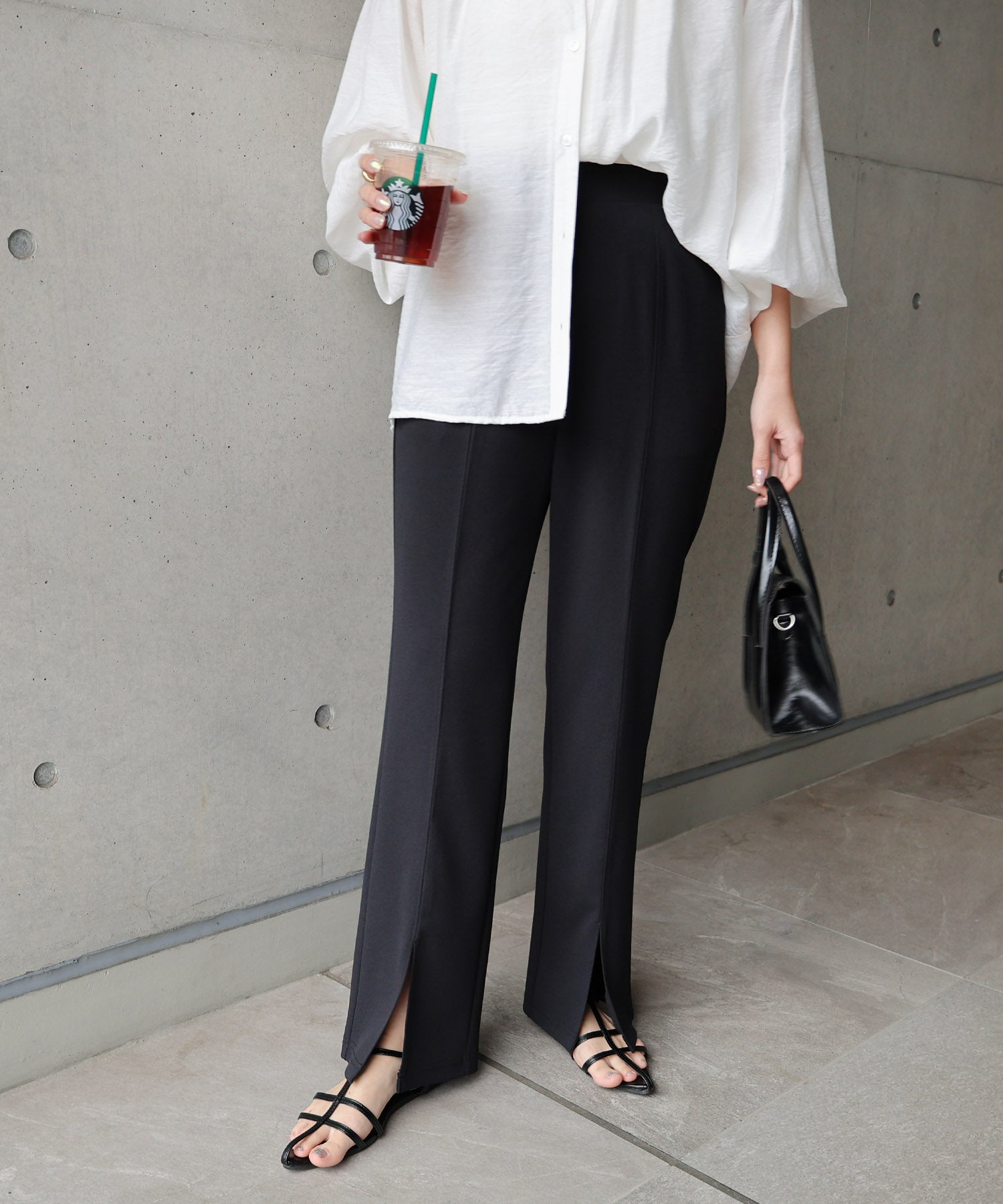 アンドミー andme 梨地ポンチセンタースリットパンツ ウエストゴム (ブラック) ブラック