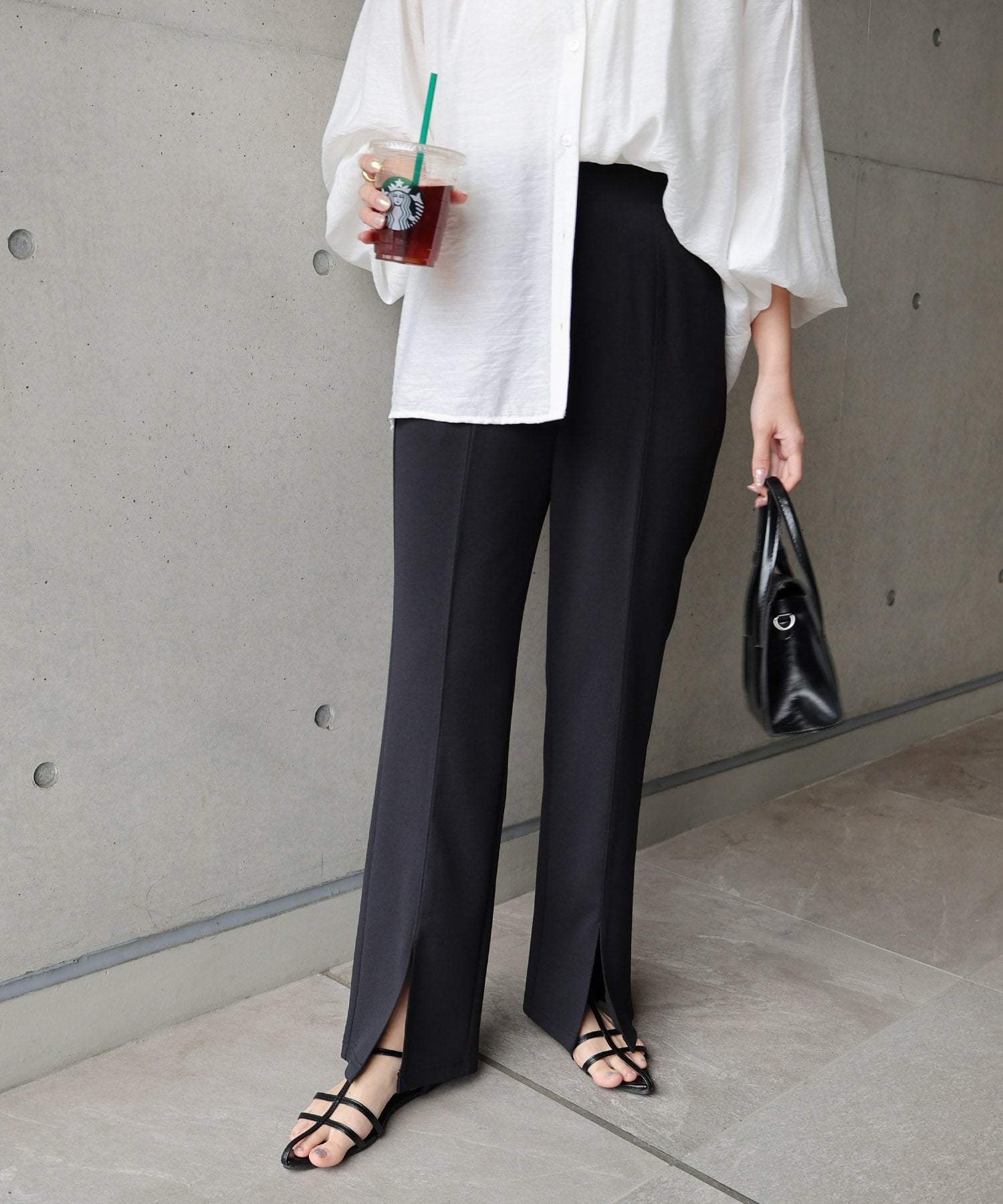 アンドミー andme 梨地ポンチセンタースリットパンツ ウエストゴム (ブラック) ブラック