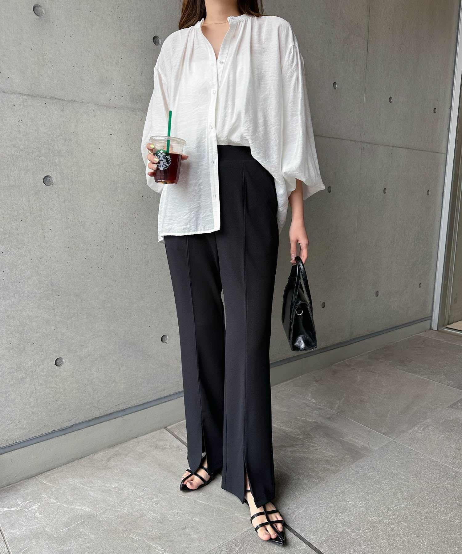 アンドミー andme 梨地ポンチセンタースリットパンツ ウエストゴム (ブラック) ブラック