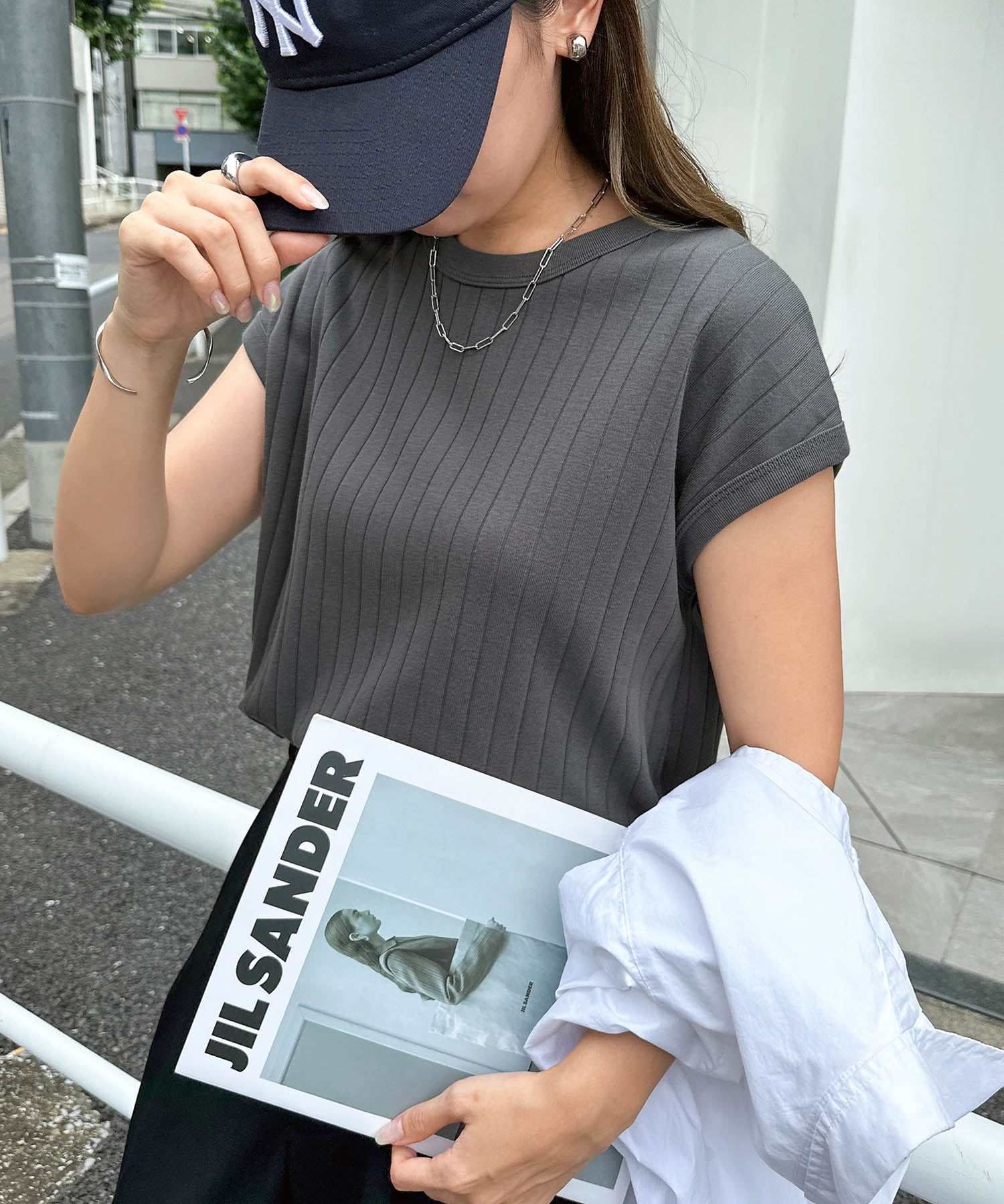 アンドミー andme コットンフライスフレンチスリーブワイドリブトップス