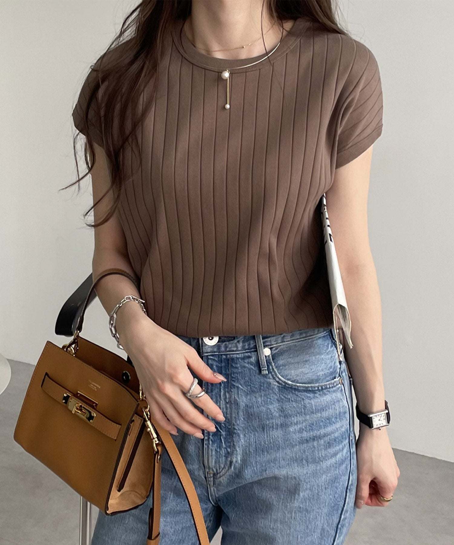 アンドミー andme コットンフライスフレンチスリーブワイドリブトップス