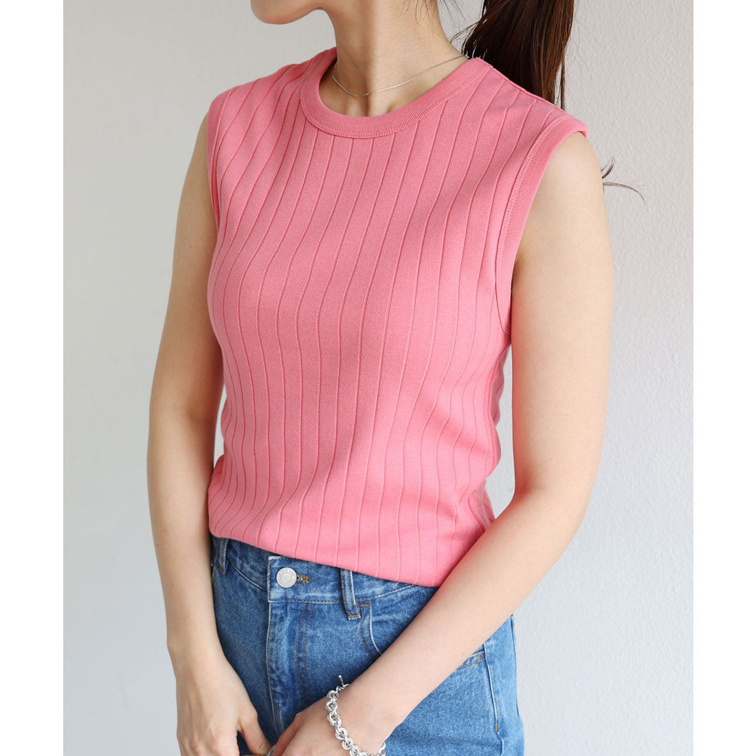 アンドミー andme コットンフライスワイドリブノースリーブトップス タンクトップ