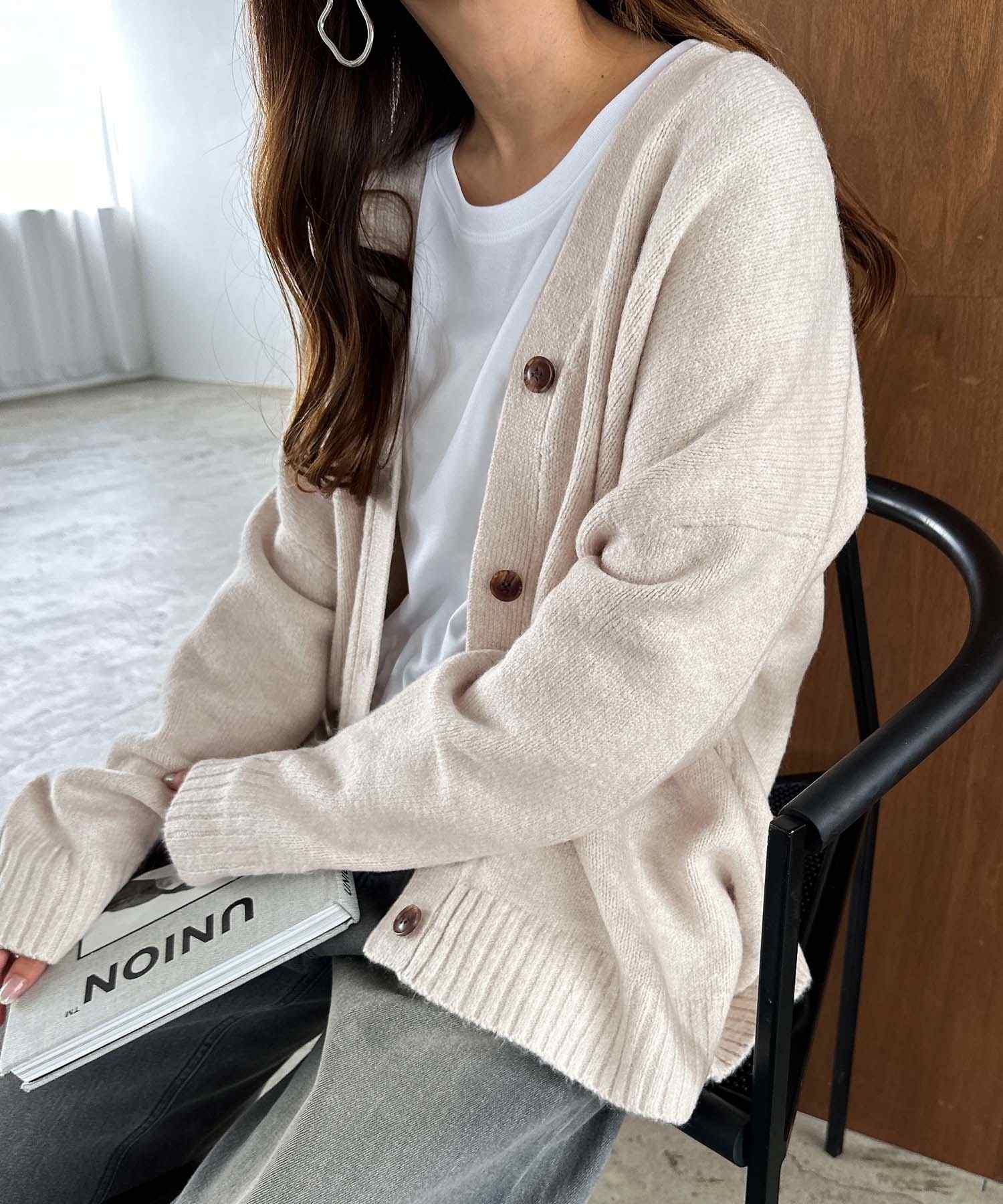 アンドミー andme 天竺編み長袖ニットカーディガン (オートミール) オートミール