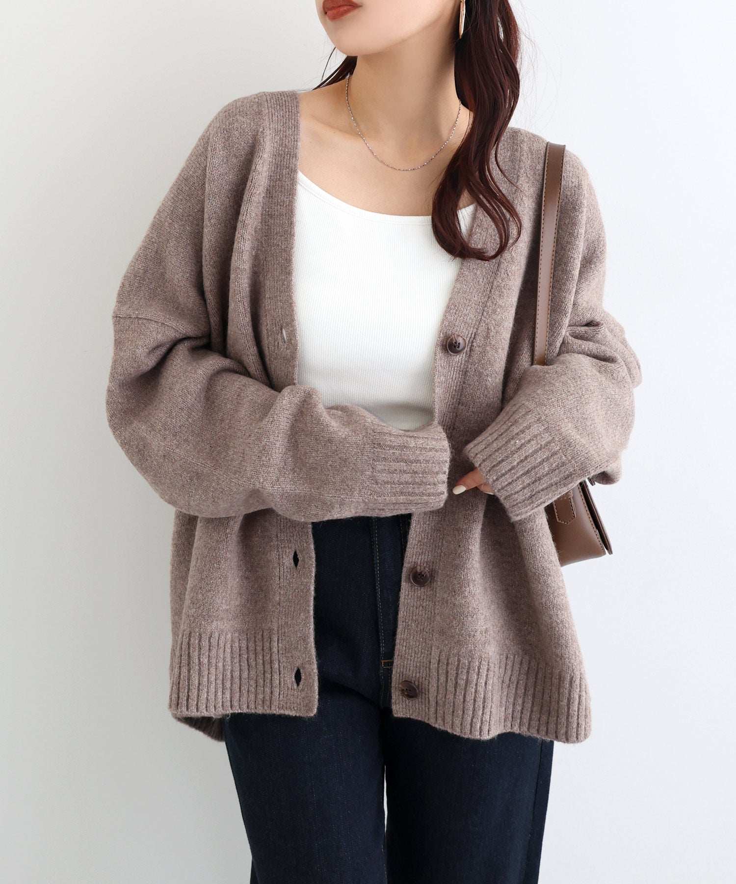 アンドミー andme 天竺編み長袖ニットカーディガン (グレージュ) グレージュ