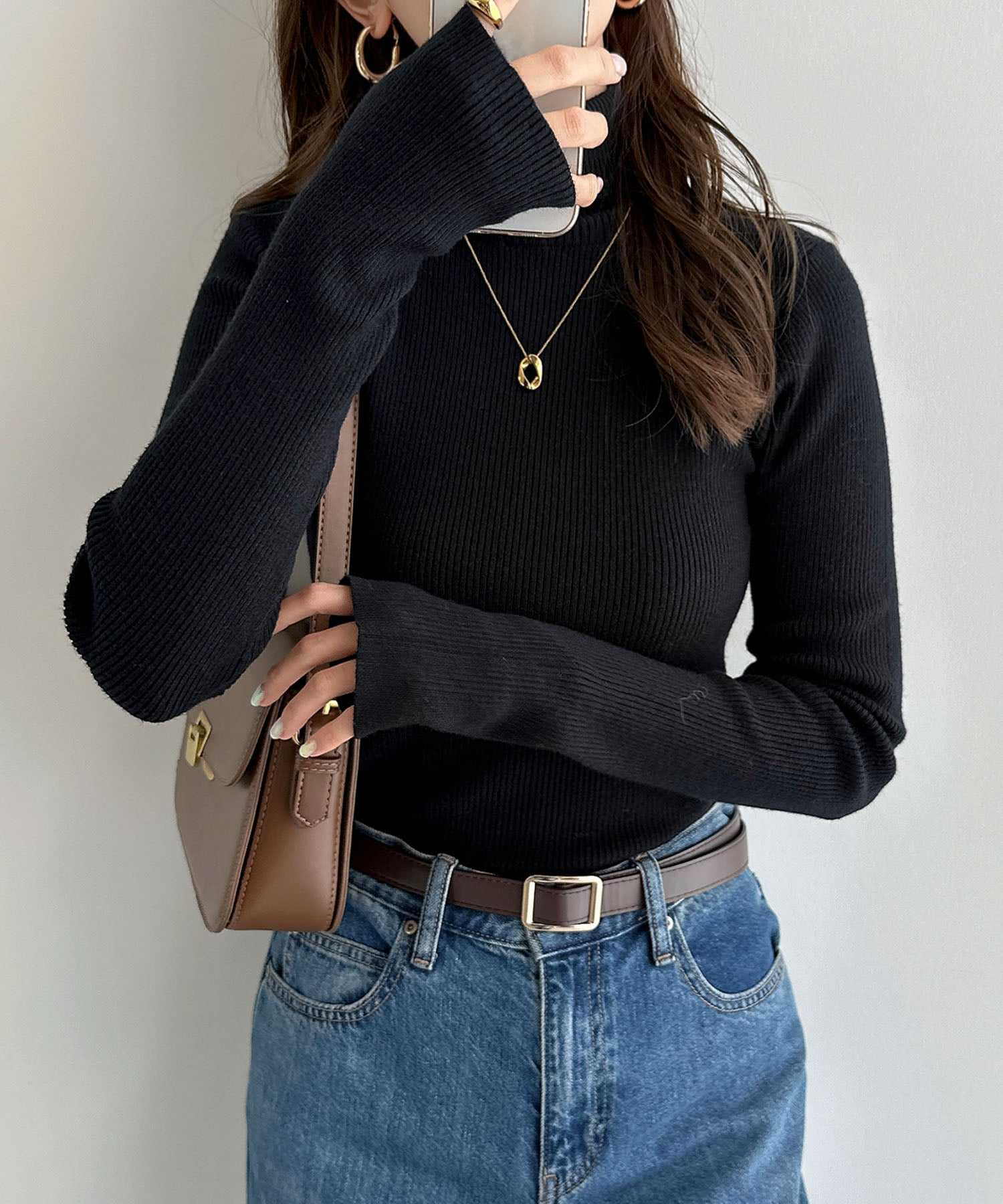 アンドミー andme サムホールタートルネック長袖ニット トップス 無地 ボーダー,ブラック