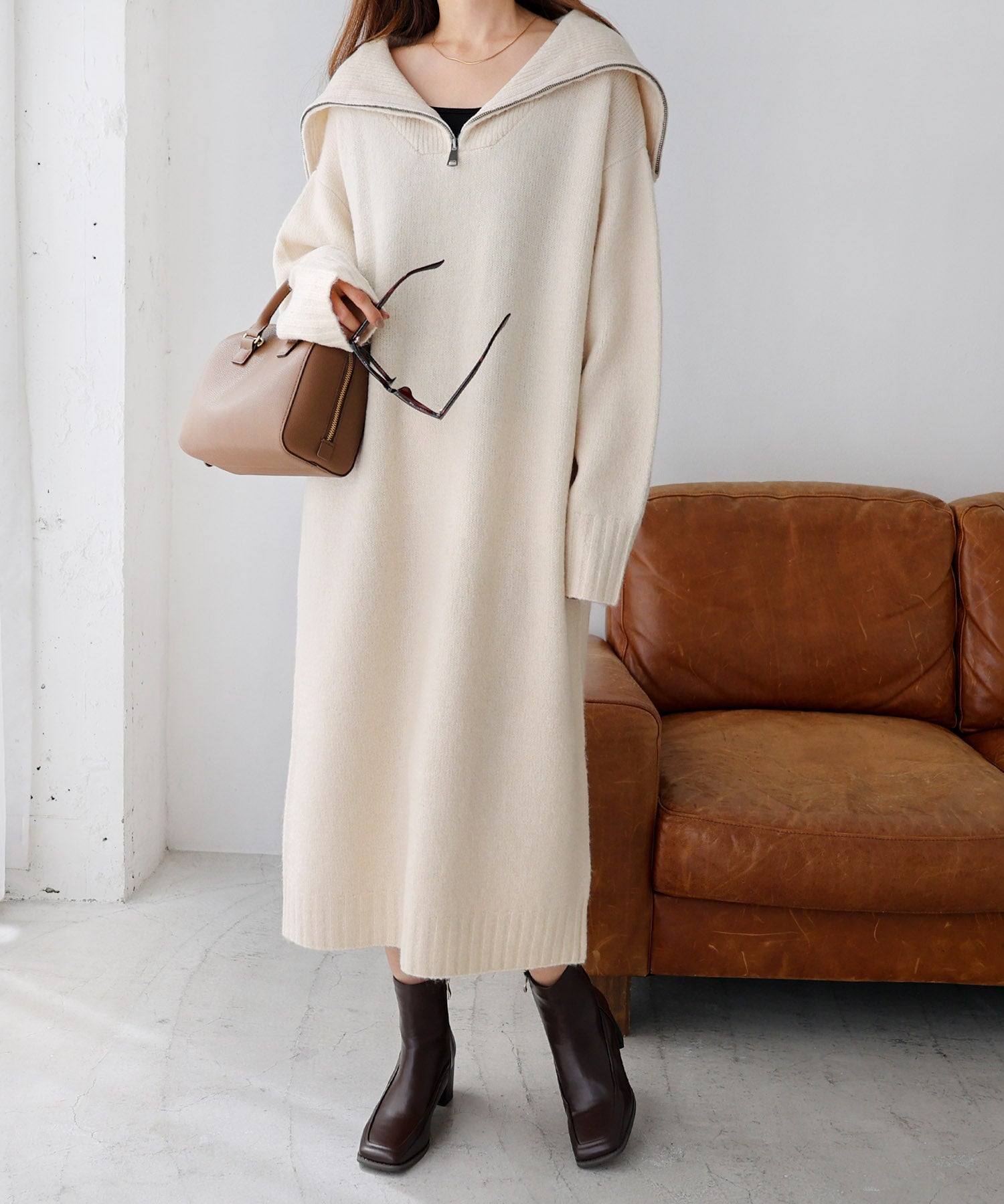 andme Sailor collar half zip knit dress