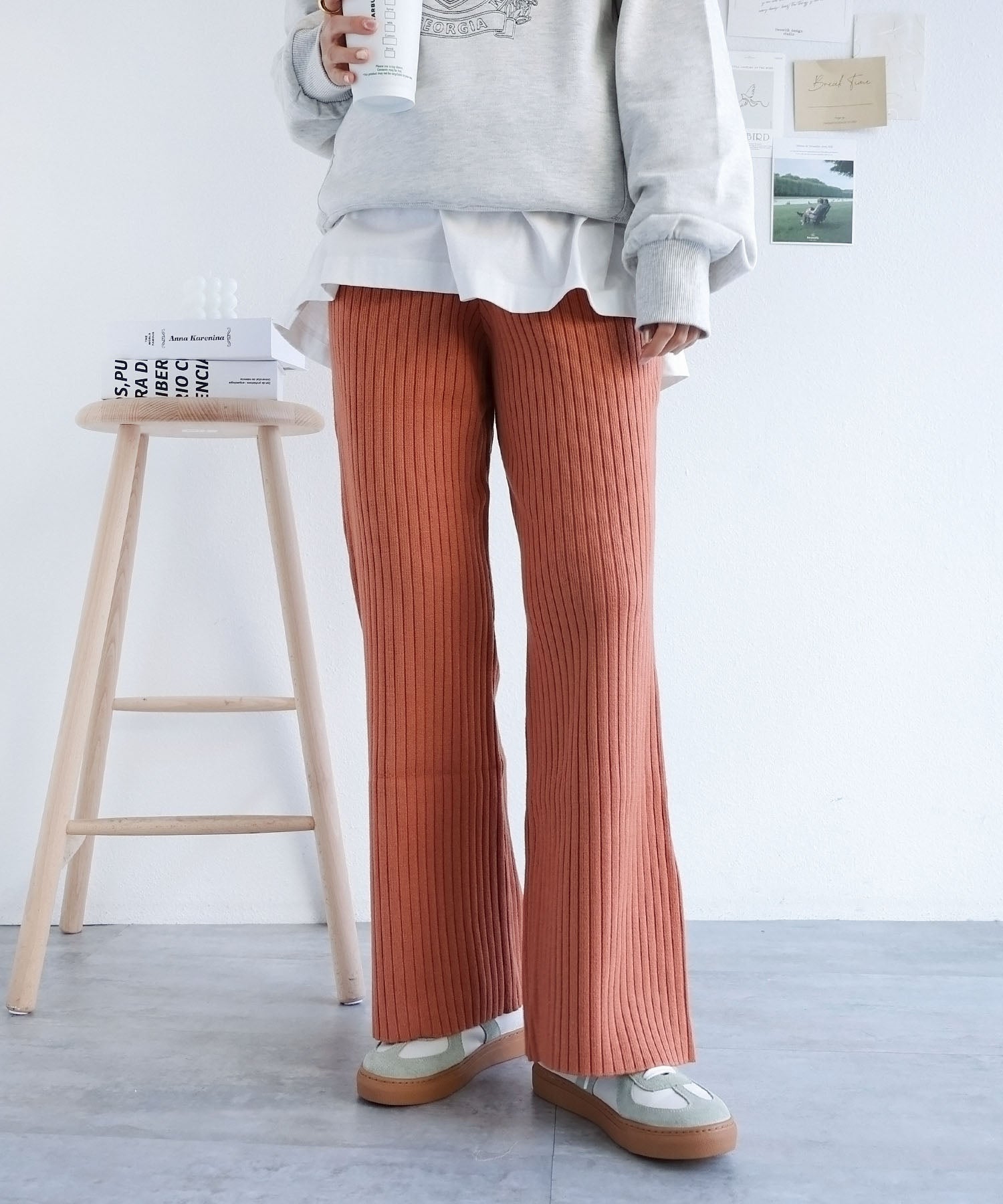 アンドミー andme ストレッチリブニットフレアパンツ ウエストゴム (オレンジ) オレンジ