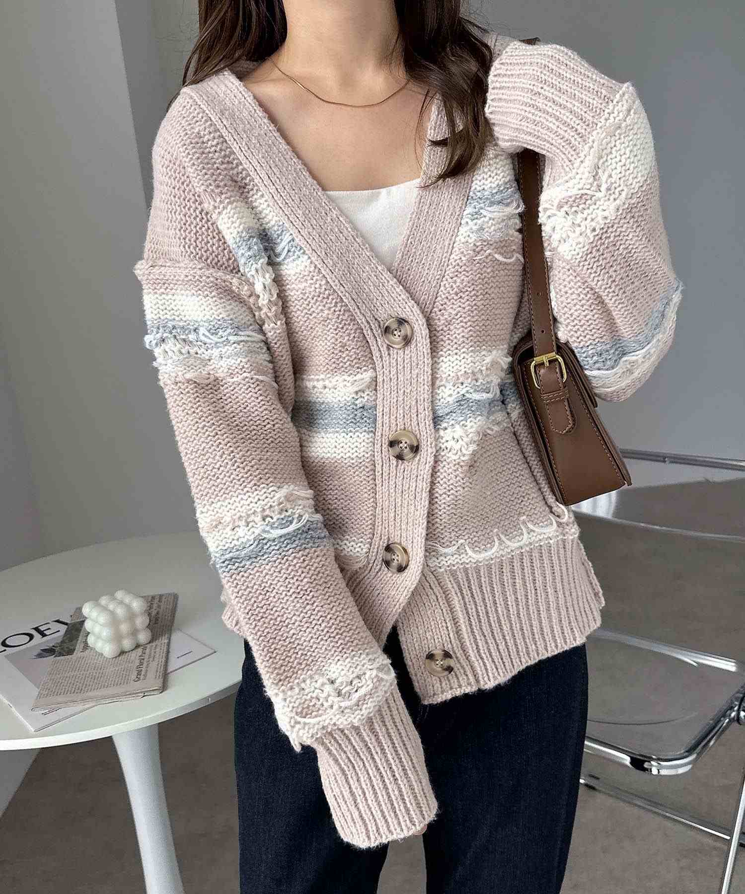 アンドミー andme クラッシュ編み ボーダー ニット カーディガン