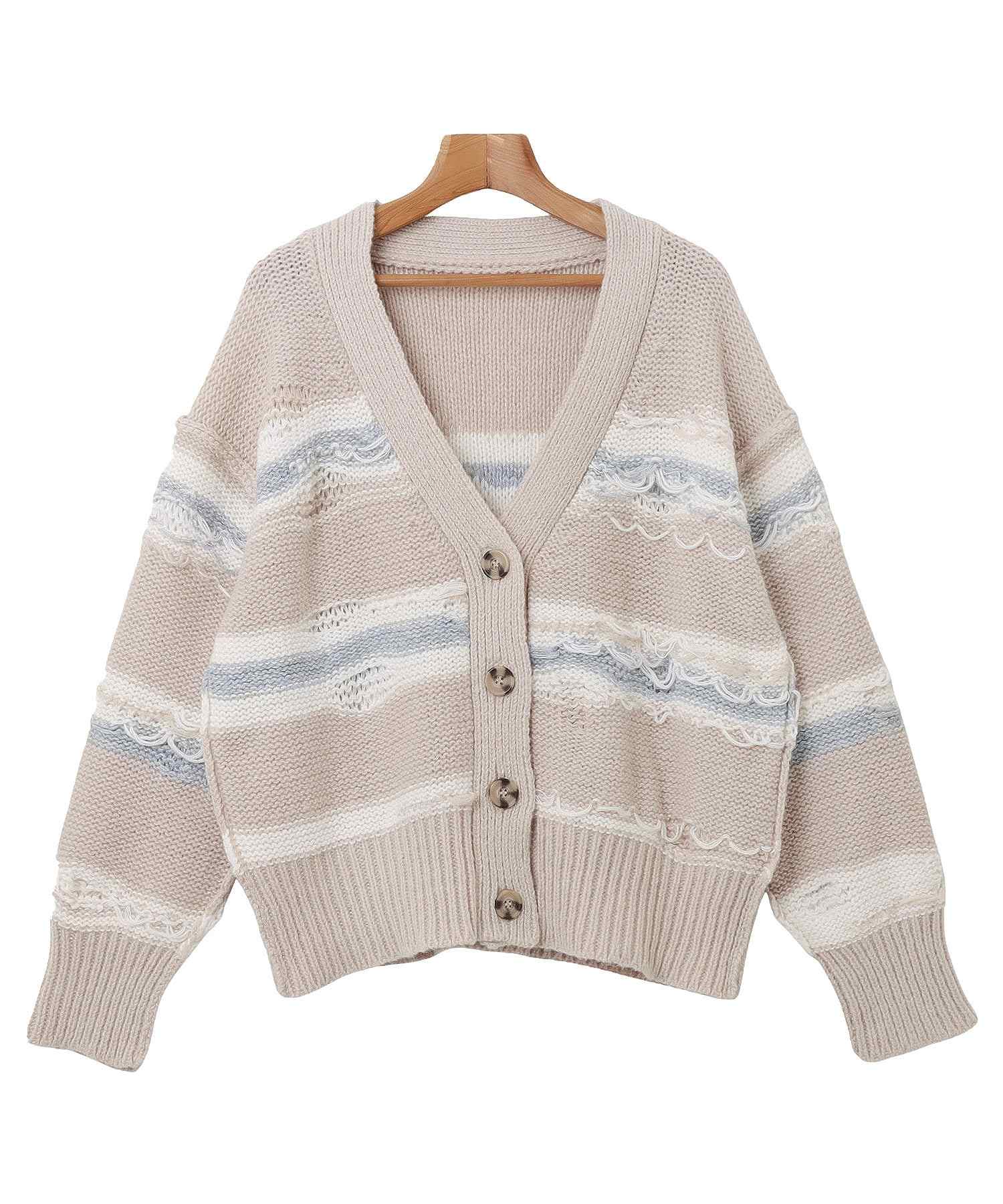 アンドミー andme クラッシュ編み ボーダー ニット カーディガン