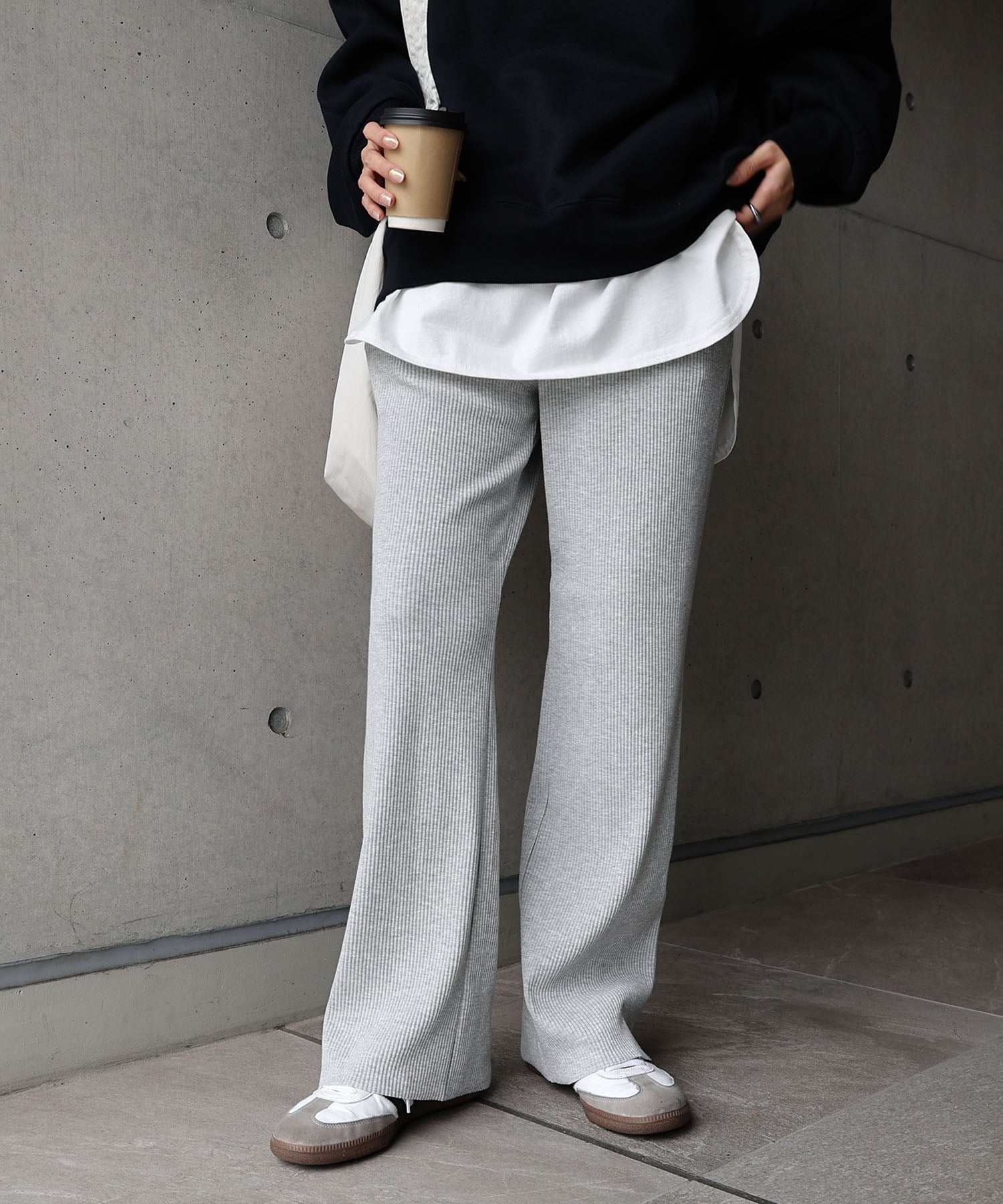 アンドミー andme カットリブセミフレアパンツ ウエストゴム,杢グレー