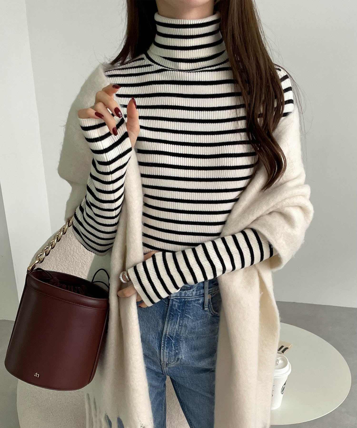 アンドミー andme サムホールタートルネック長袖ニット トップス 無地 ボーダー