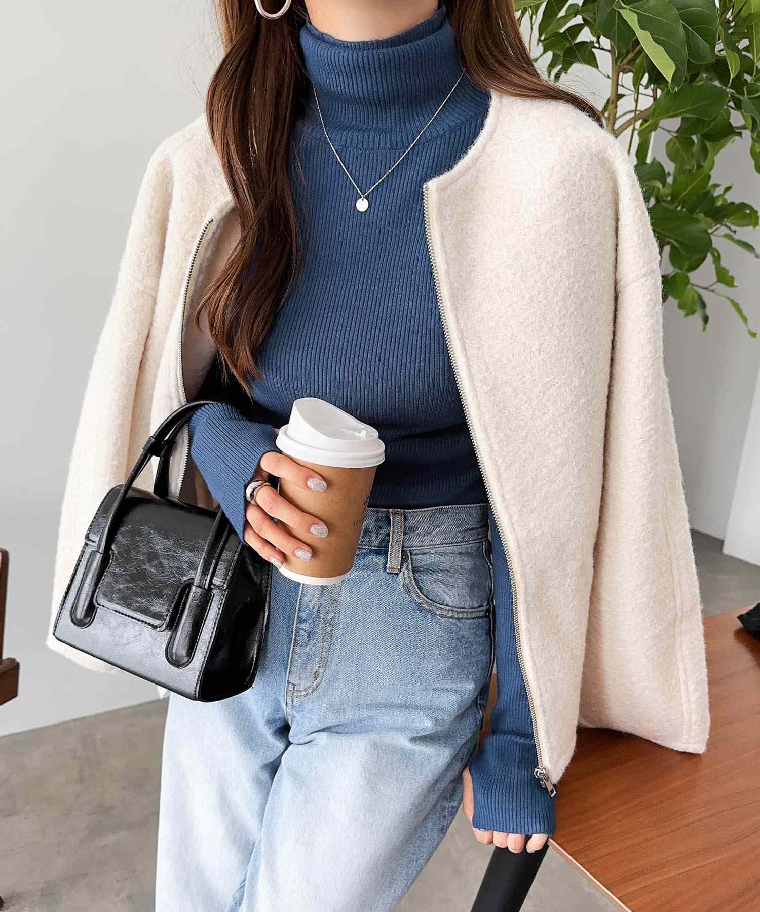 アンドミー andme サムホールタートルネック長袖ニット トップス 無地 ボーダー,インクブルー