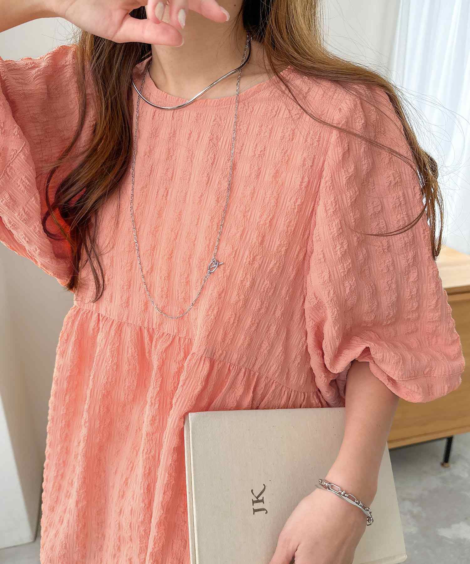 アンドミー andme チェック柄 ふくれジャガード ペプラム チュニック トップス (コーラルオレンジ) コーラルオレンジ