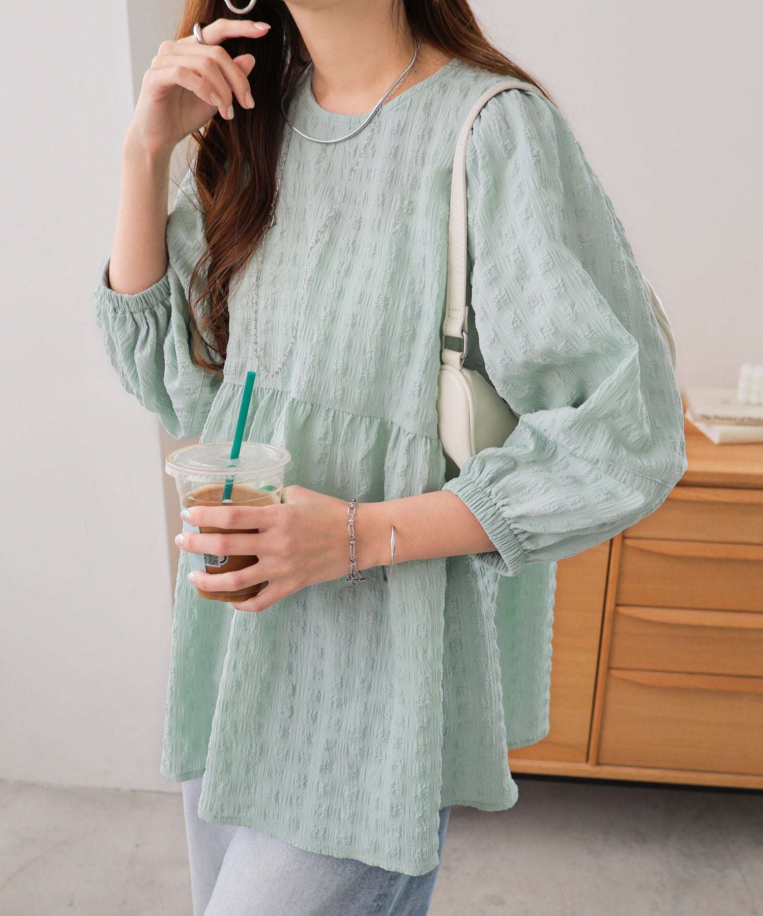 アンドミー andme チェック柄 ふくれジャガード ペプラム チュニック トップス (ライトグリーン) ライトグリーン