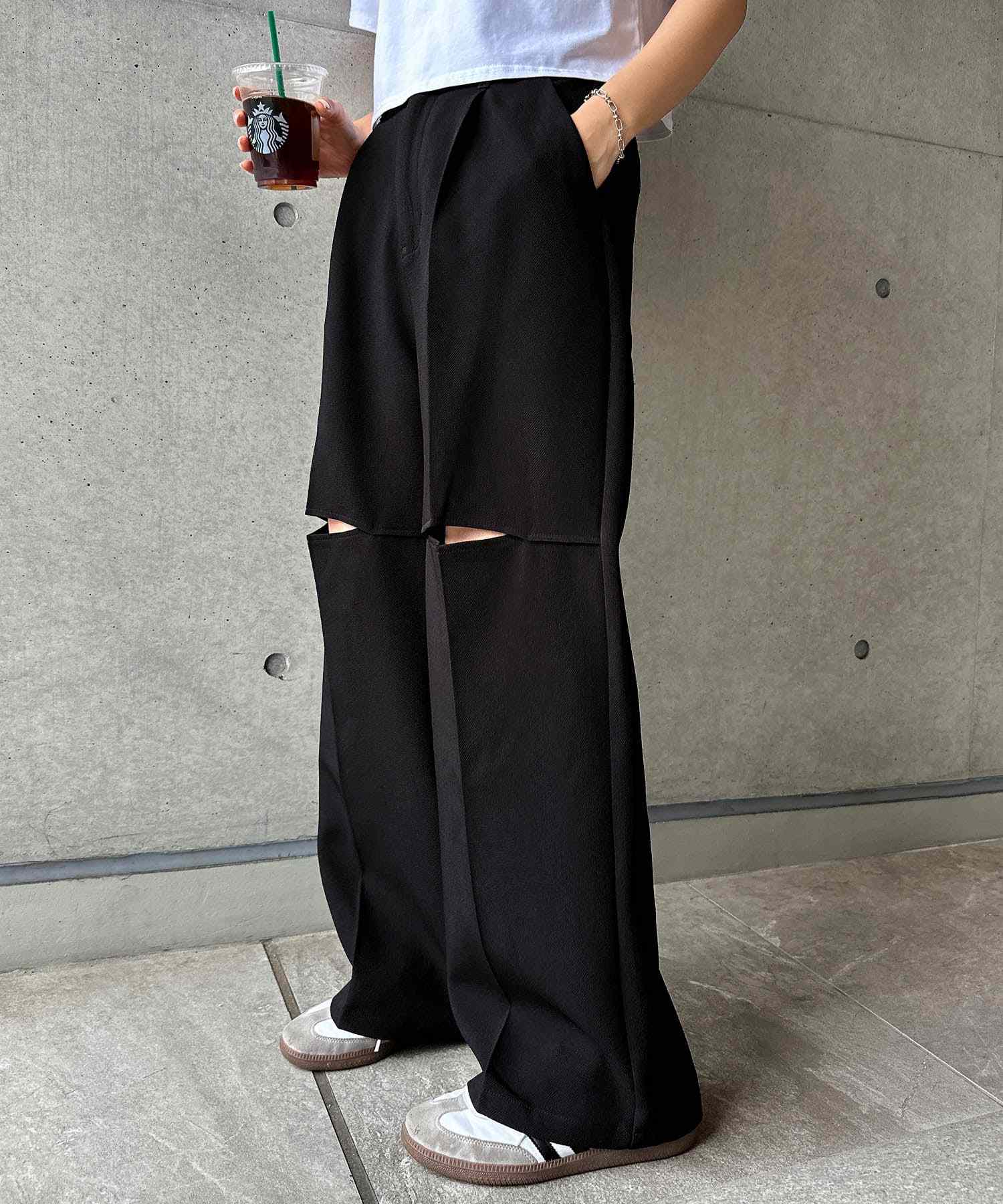 Andme linen-like knee slit slacks pants