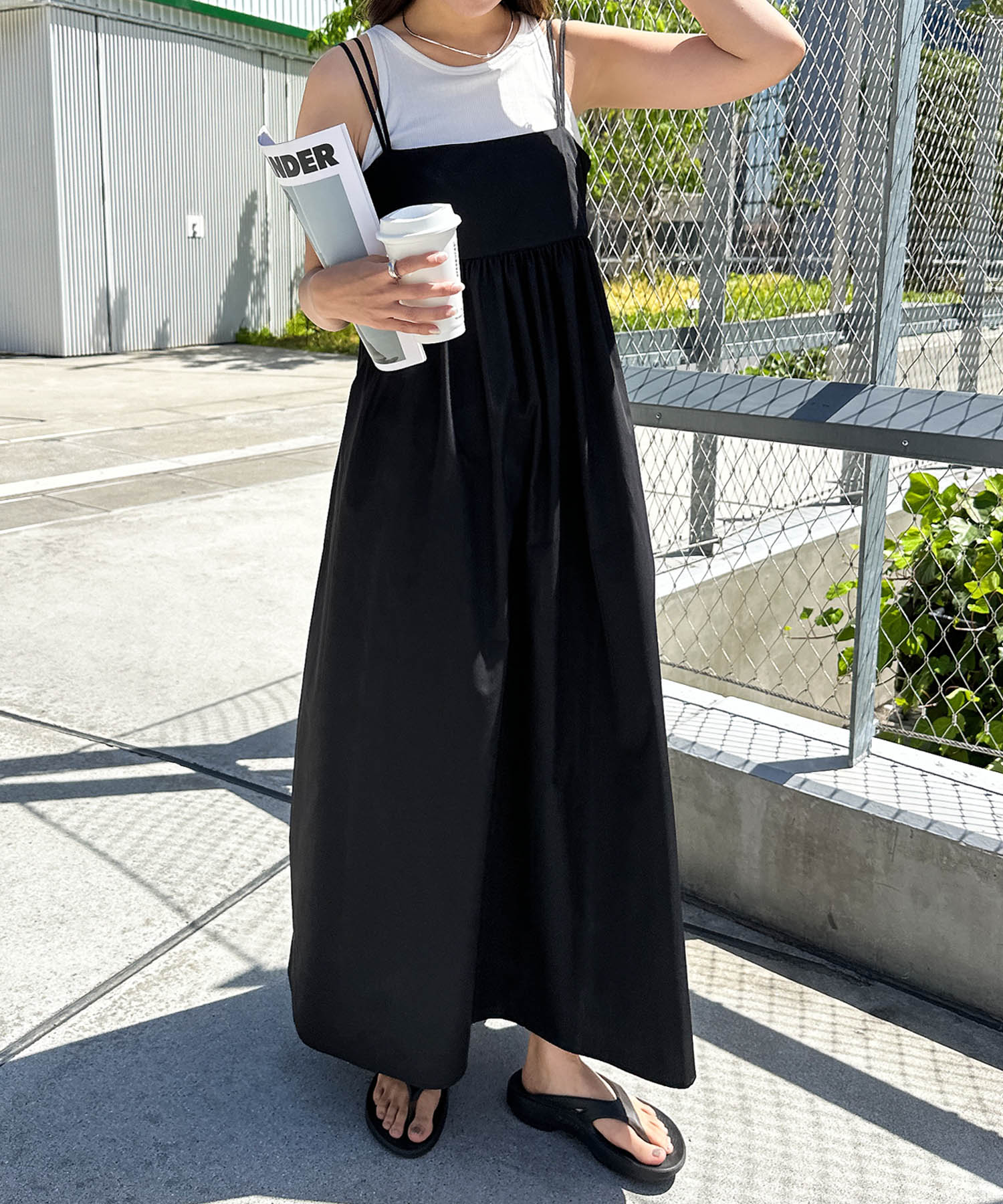 アンドミー andme タイプライター ギャザー キャミ ワンピース (ブラック) ブラック