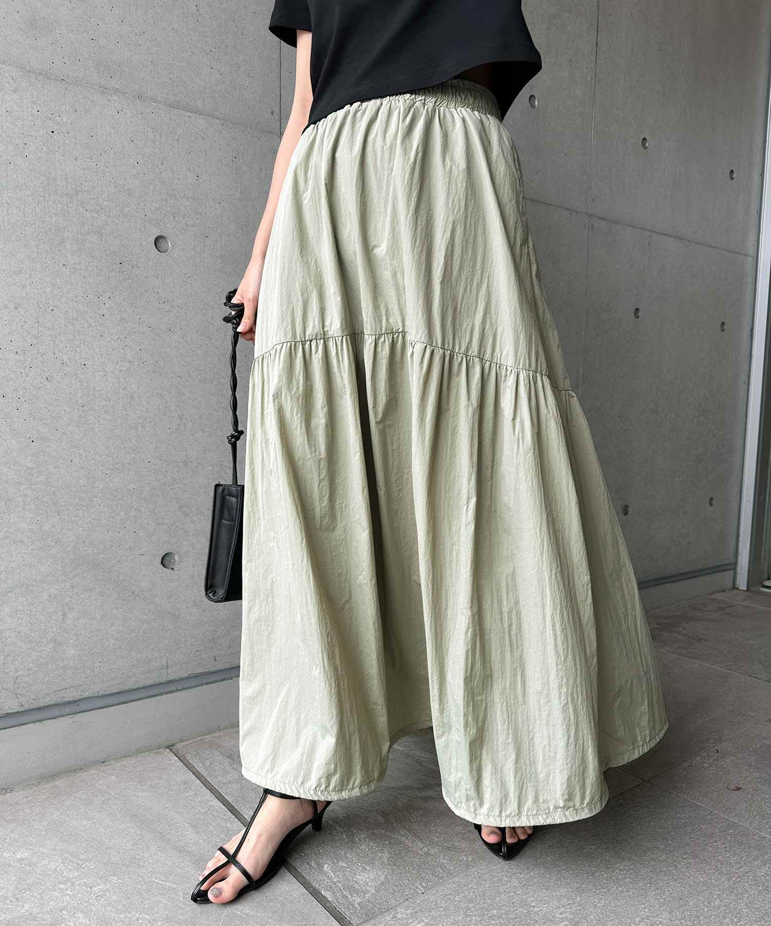 andme Nylon Taffeta Tiered Flare Skirt