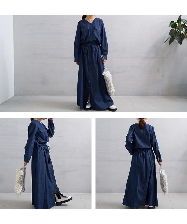 No one knows No Collar Denim One-Piece Women's Drop Shoulder Drawstring Button Roll-Up Flap Pocket Body Covering Shirt Dress Long