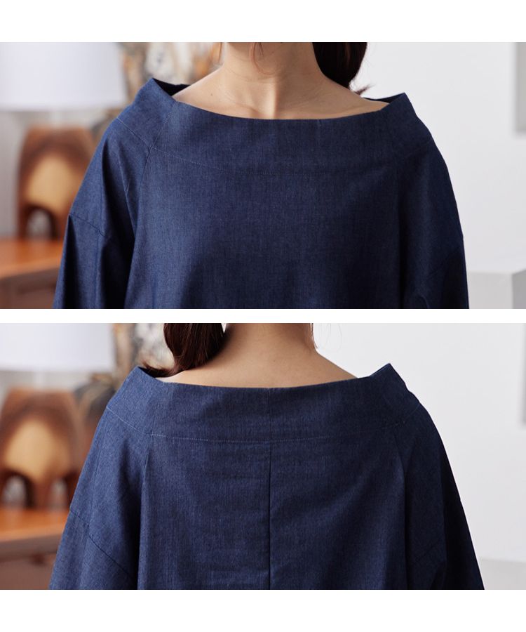 No one knows denim one-piece high neck boat neck long sleeve women's drop shoulder casual loose large oversized body cover maxi length long length Y