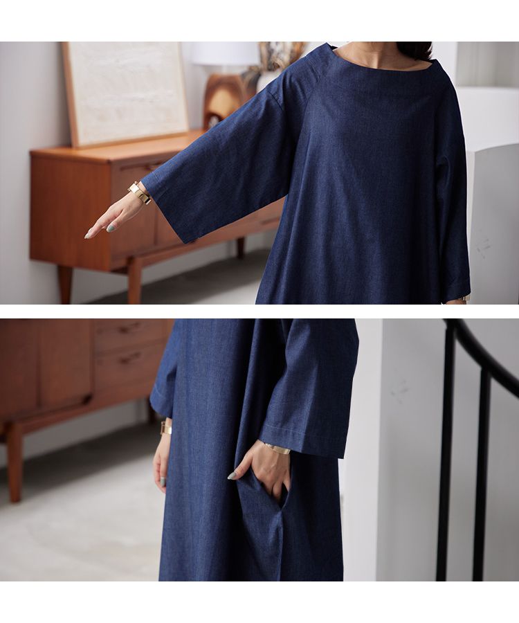 No one knows denim one-piece high neck boat neck long sleeve women's drop shoulder casual loose large oversized body cover maxi length long length Y