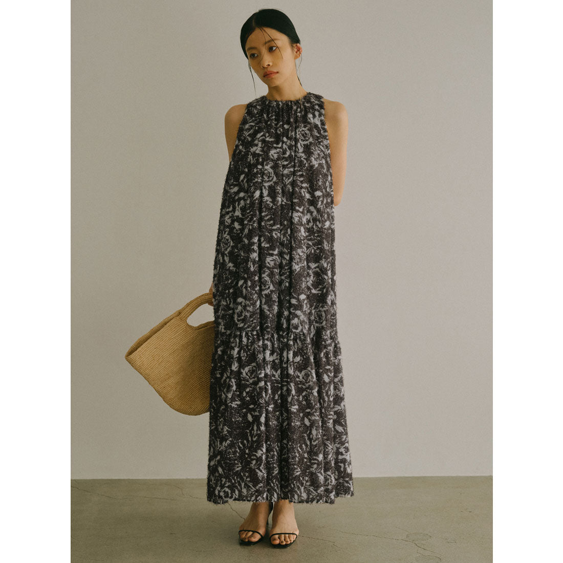 アニュアンス anuans カットジャカードニュアンスプリントワンピース (BLACK) BLACK