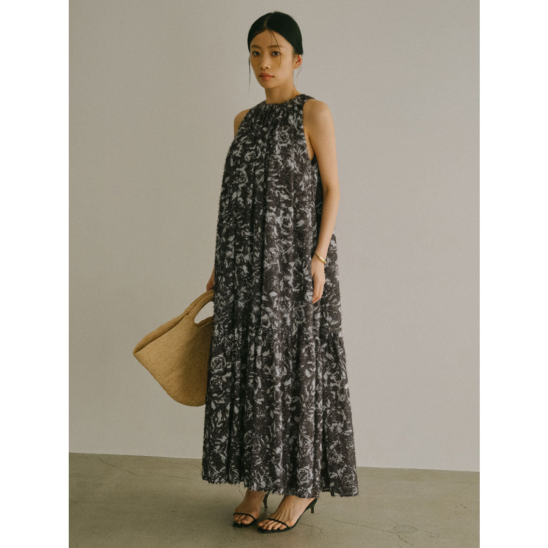 アニュアンス anuans カットジャカードニュアンスプリントワンピース (BLACK) BLACK