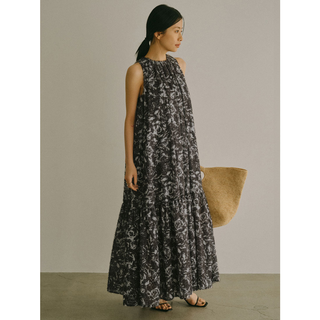 アニュアンス anuans カットジャカードニュアンスプリントワンピース (BLACK) BLACK