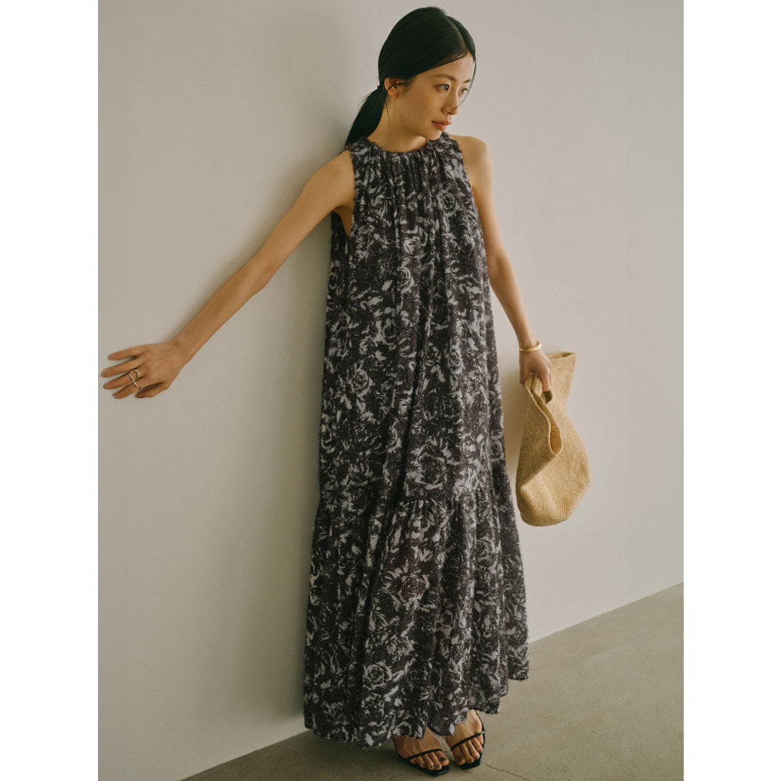 アニュアンス anuans カットジャカードニュアンスプリントワンピース (BLACK) BLACK