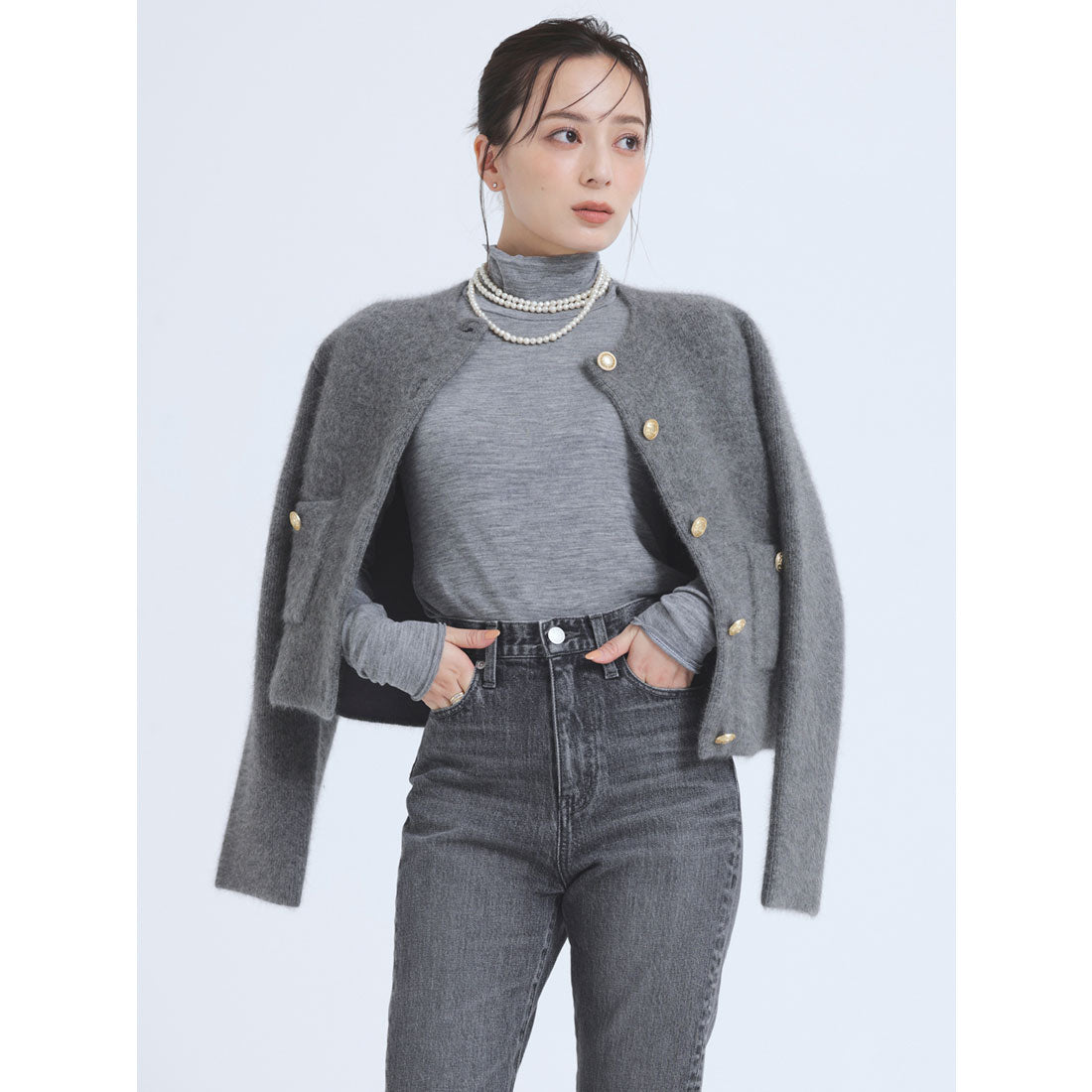 anuans シアーウールタートルネックカットトップス ブラック