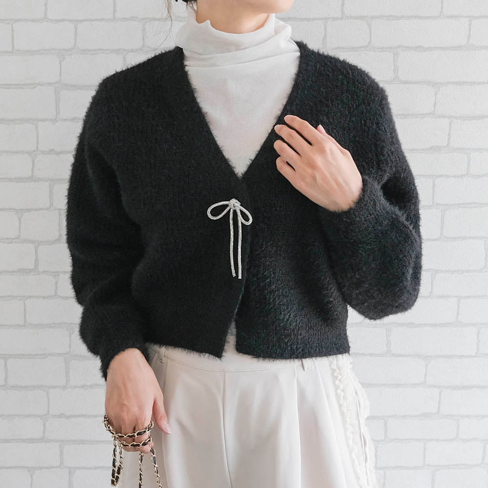 アクアガレージ aquagarage ミンクフェザービジューリボンカーディガン 春 秋 冬 (ブラック) ブラック