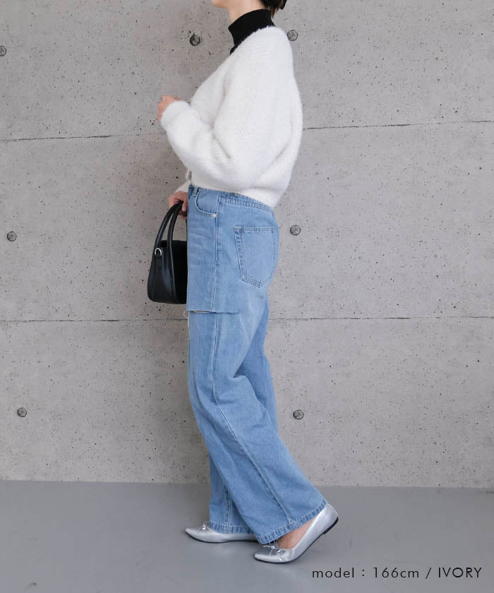 アクアガレージ aquagarage ミンクフェザービジューリボンカーディガン 春 秋 冬 (ブラック) ブラック