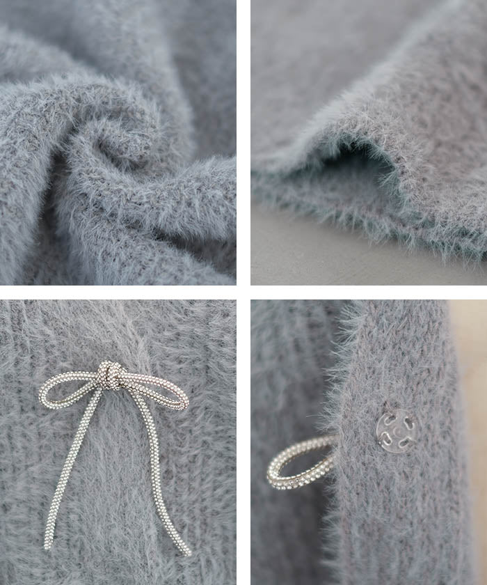 アクアガレージ aquagarage ミンクフェザービジューリボンカーディガン 春 秋 冬 (ブラック) ブラック