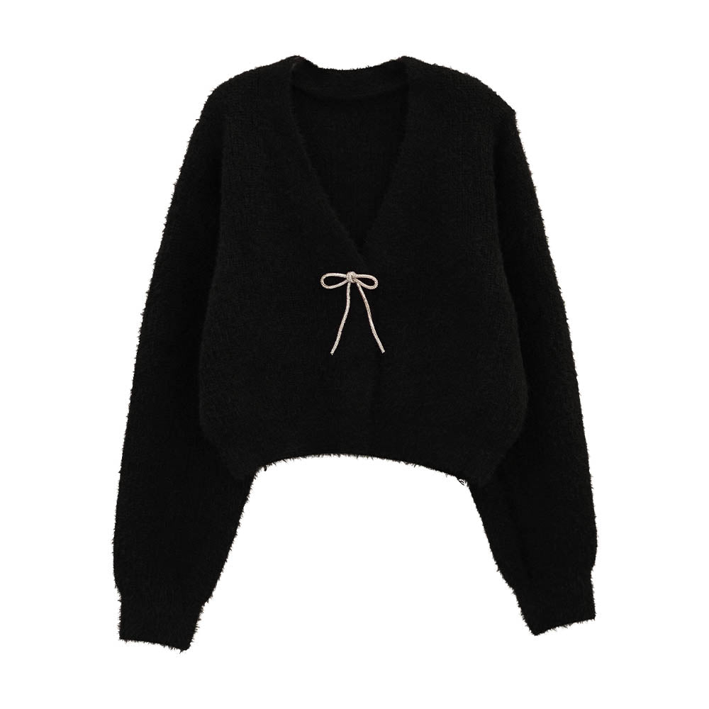 アクアガレージ aquagarage ミンクフェザービジューリボンカーディガン 春 秋 冬 (ブラック) ブラック
