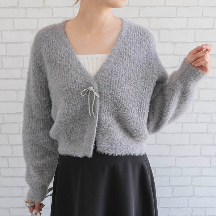 アクアガレージ aquagarage ミンクフェザービジューリボンカーディガン 春 秋 冬 (チャコール) チャコール