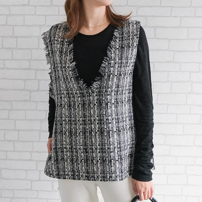 アクアガレージ aquagarage 【セットアップ可】ツイードフリンジ深Vネックベスト 春 秋 冬 M