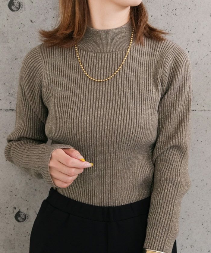 アクアガレージ aquagarage ラメボトルネックリブトップス 春 秋 冬 M L レディース (アイボリー) アイボリー